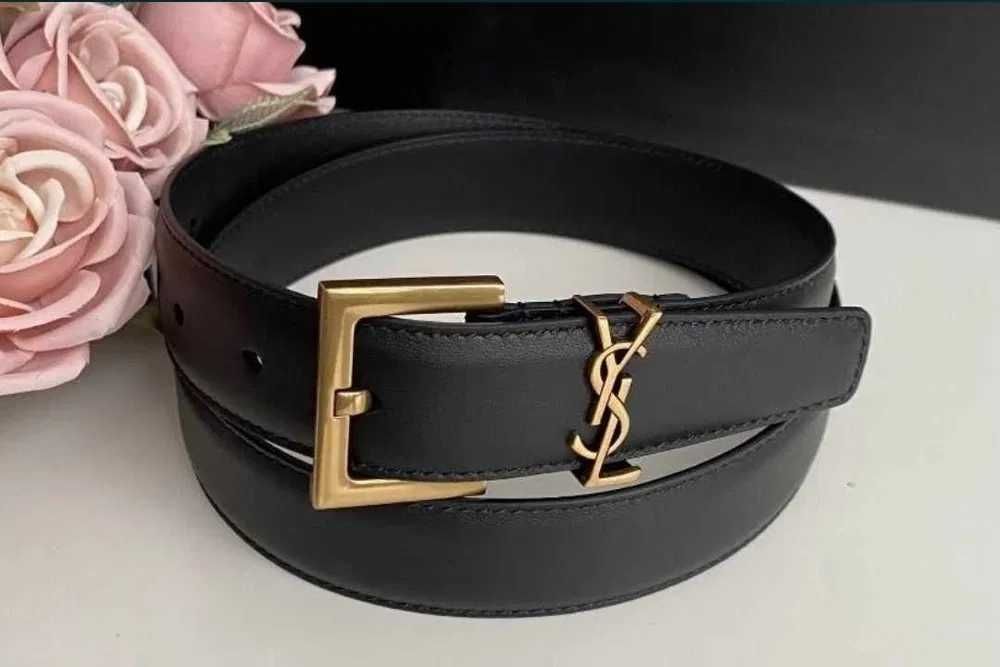 Nowy Skórzany Pasek Damski YSL Yves Saint Laurent czarny złoty