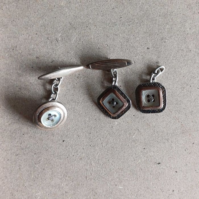 botões de punho vintage, em prata, ouro e madre pérola