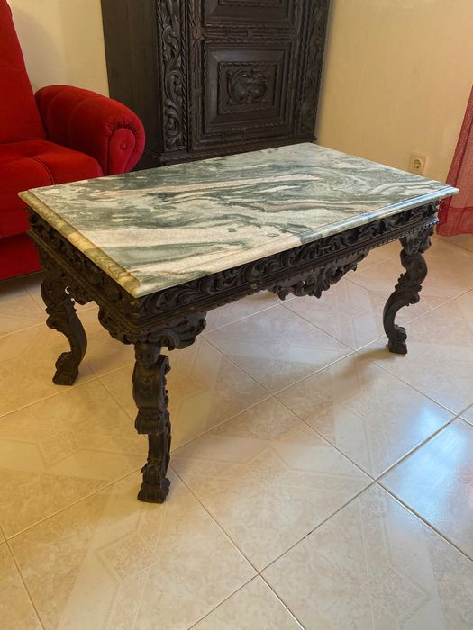 Mesa de Aparato Antiga Madeira exótica tampo Mármore verde 78 cm