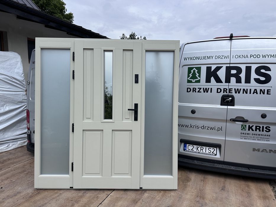 Drzwi zewnętrzne drewniane z doświetlami Na wymiar montaż Cała Polska