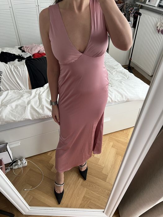 Sukienka długa midi brudny róż S na wesele Shein satynowa koktaljowa