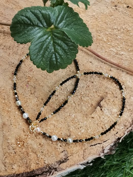 Naszyjnik choker na lince kryształ górski srebro 925 perły seashell