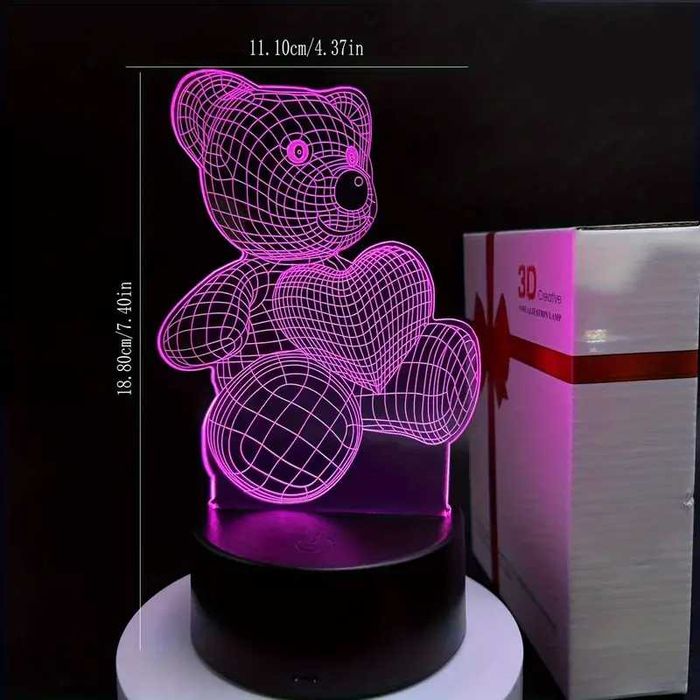 Lampka nocna 3D LED 7 kolorów Miś z sercem