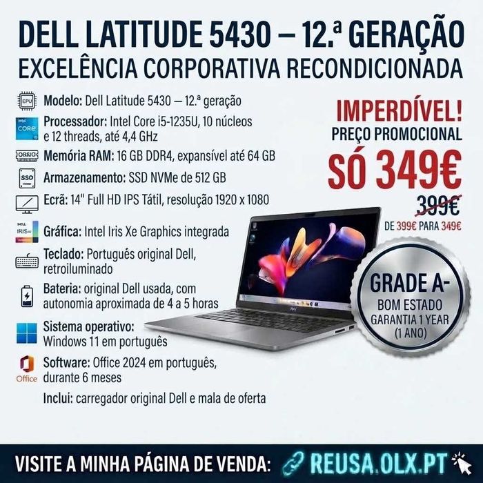Dell Latitude 5430 | 12.ª Gen | 14" FHD Touch | i5-1235U | 16GB DDR4 | NVMe 512GB | Mala | W11