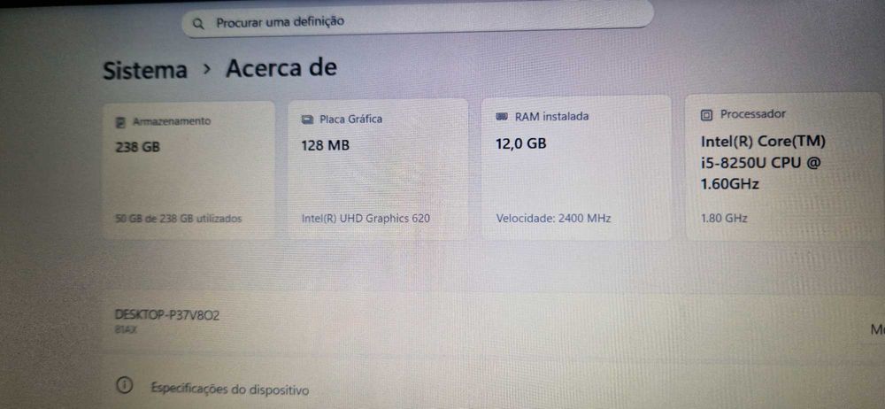 Portátil Lenovo i5 8th 12 RAM SSd 256Gb ecrã 15,6"