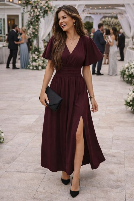 Burgundowa sukienka taliowana midaxi S 36