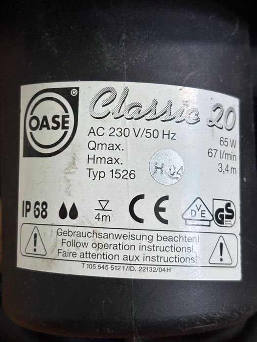 Pompa Oase Classic 20 (typ 1526) pompa fontannowa / do oczek wodnych