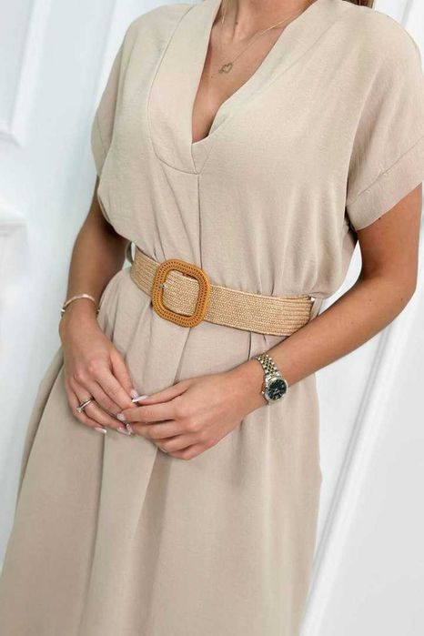 Beżowa Sukienka Midi z Paskiem Elegancka Made in Italy S-L