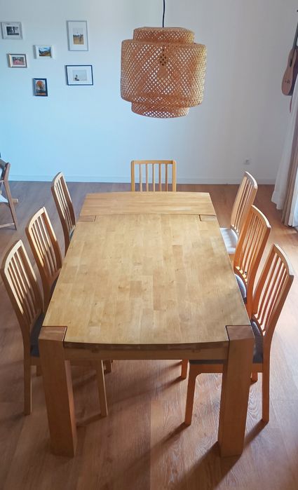 Mesa de Carvalho natural com expansão e 7 cadeiras