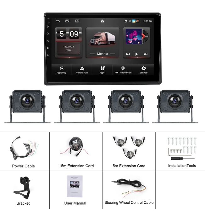 Kit 4 Câmaras e Monitor 10" WiFi Carplay Android Auto GPS 2/32GB