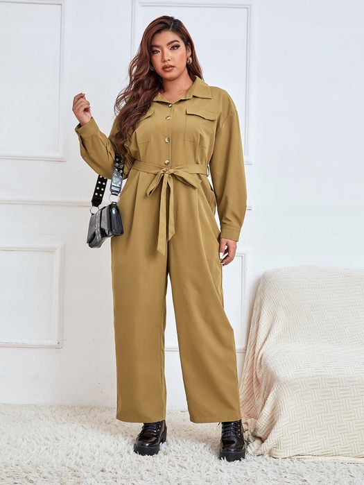 Kombinezon Koszulowy Z Kieszeniami Brązowy Casual Shein Xxl 44