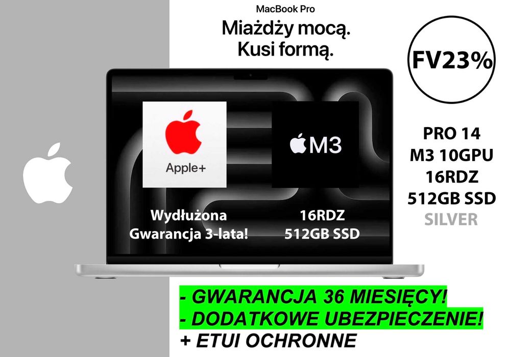 NOWY Apple MacBook Pro 14 M3 16RDZ 512GB SLVR PL GW+UBEZP 3LATA! FV23%
