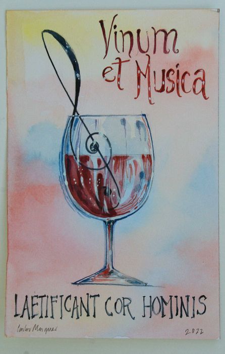 Aguarela original de Carlos Marques. Vinum et Musica...
