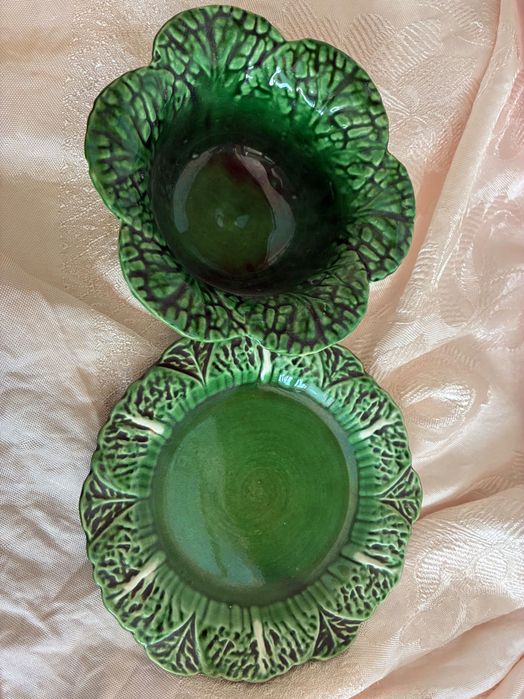 Conjunto Taça e Prato Folha de Couve - Antiga SECLA Caldas