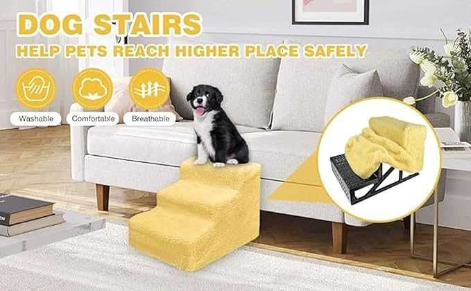 Schody Dla Zwierząt 45 Cm 3 Stopnie z Pluszowym Pokrowcem - żółtym