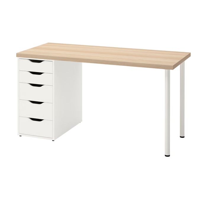 Biurko, imitacja dębu bejcowanego na biało/białe + komoda IKEA