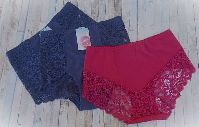 3 szt./  majtki bawełniane z koronką 2XL / bordowe  i 2x granatowe