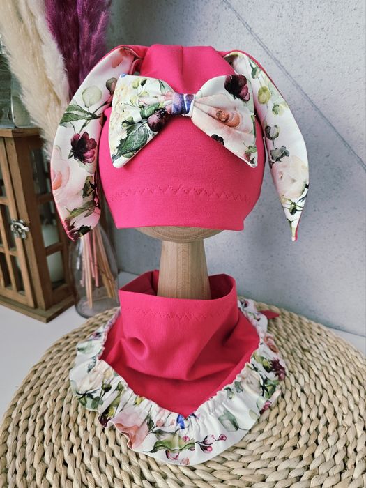 Komplet wiosenny fuksja czapka z chustą