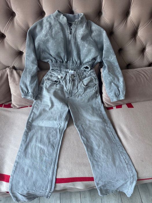 Комплект сірі джинси Zara + укорочена тепла кофтинка на замку PLT