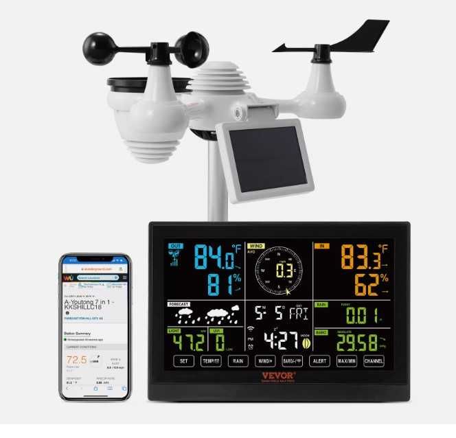 Estação meteorológica, alimentada por painel solar, sem fios