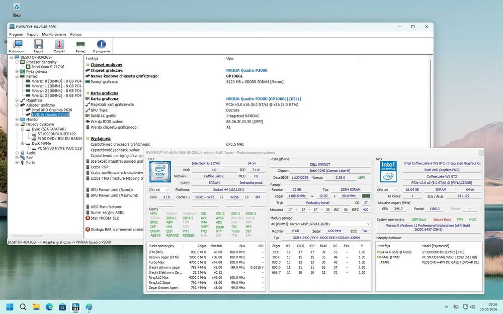 Dell Precision 3630 Tower – Xeon E-2174G / 32GB ECC / Quadro P2000 / SSD NVMe 512/ Windows 11 Pro