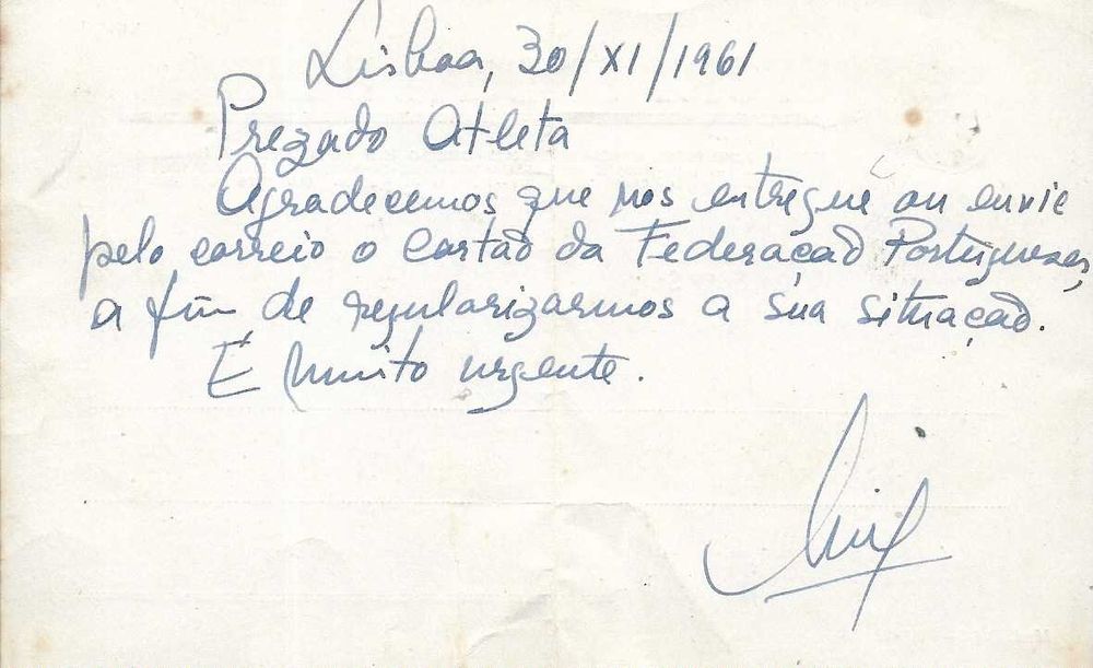 SLB - BENFICA  - bilhete postal para atleta - antigo 1961