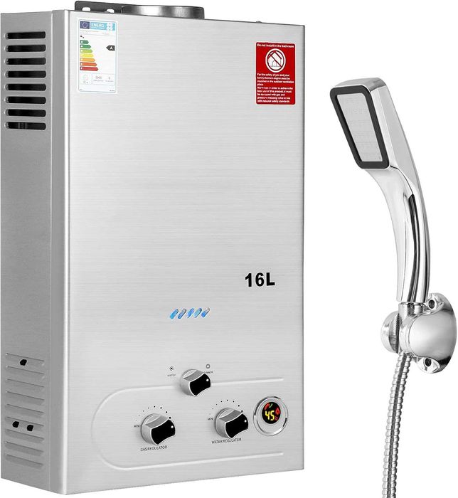 Gazowy podgrzewacz wody BreeRainz 16LPM 32KW LPG – natychmiastowy, 0,2 bar startowe, zestaw z prysznicem