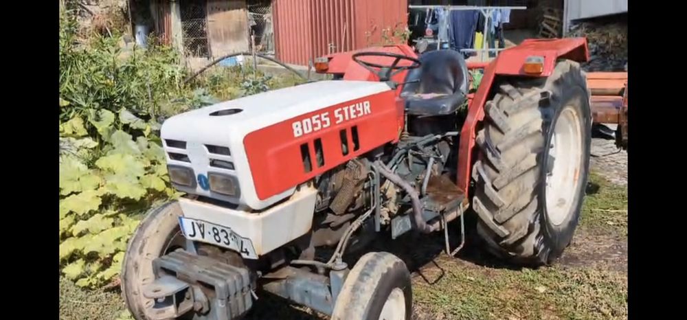 Trator Steyr 8055 + reboque + fresa + charrua agrovil + abre-regos