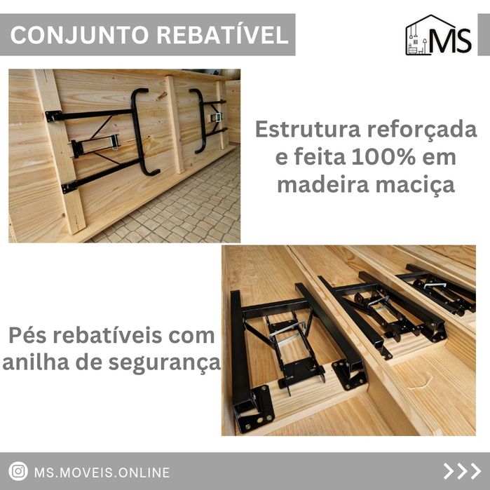 Conjunto mesa e bancos rebatíveis em pinho