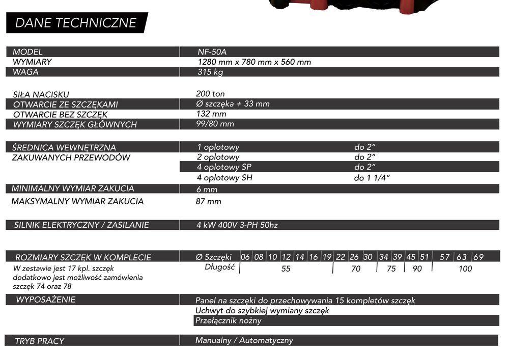 Zakuwarka do węży hydraulicznych  Hydflex NF-50A + 17 KPL szczęk