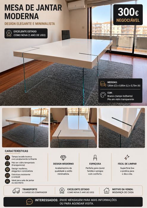 Mesa de jantar moderna branca com pés em vidro – Excelente estado
