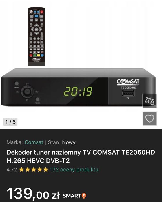 odbiornik cyfrowy COMSAT TE 2050 HD, który obsługuje standard DVB-T2 z kodowaniem HEVC (H.265)