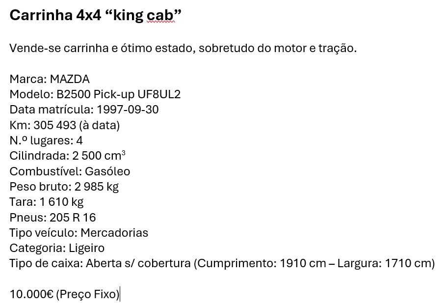 Carrinha 4x4 “king cab”