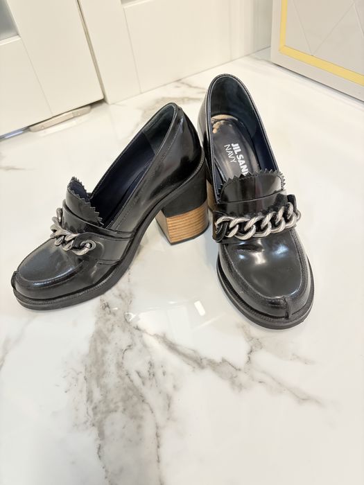 Лофери Jil Sander Navy шкіряні на підборах (36 розмір), чорні, з ланцюжком