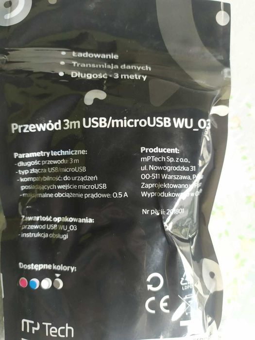 Kabel Micro USB Długi 3m Czarny