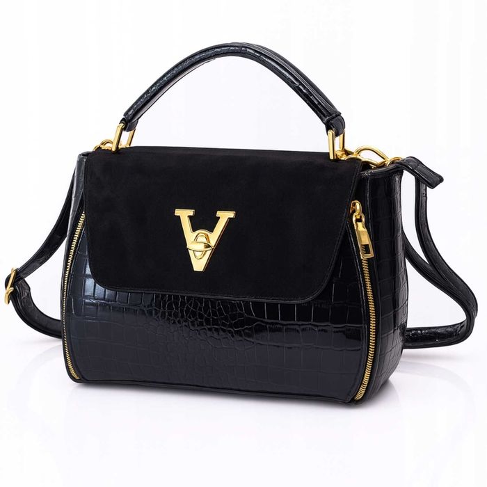 Torebka Damska Kuferek Na Ramię Do Ręki Czarna Lakierowana Skóra Eko