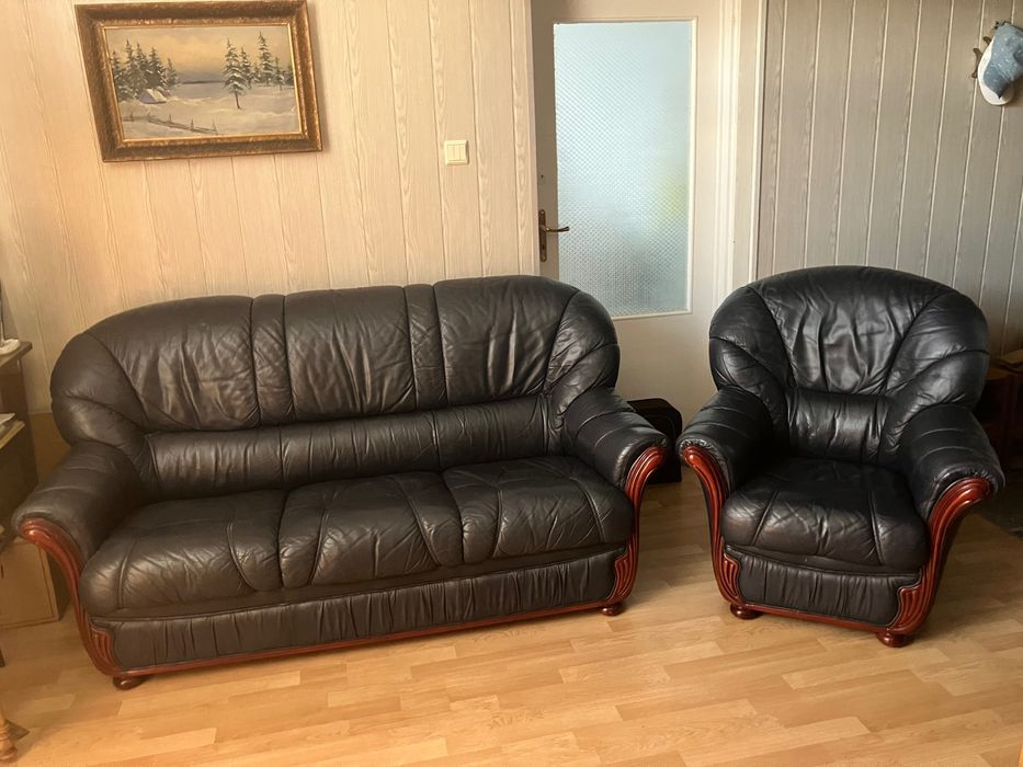 komplet sofa i fotel ze skory