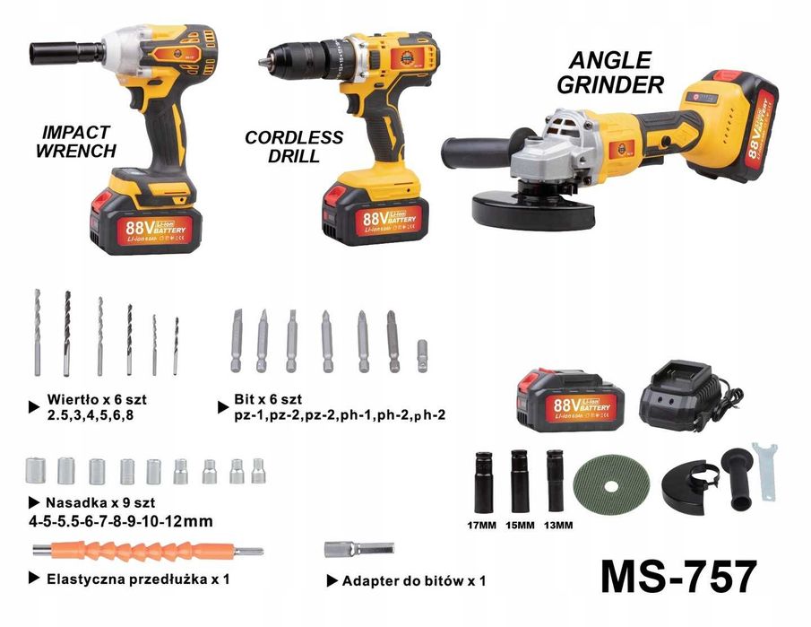 Zestaw narzędzi Akumulatorowych 3w1 WKRĘTARKA SZLIFIERKA Klucz Uadrowy