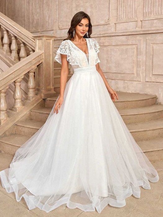 Suknia ślubna boho z trenem francuska koronka 36, 38, 40