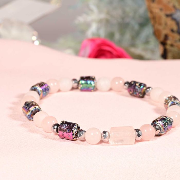 Bransoletka Kwarc Różowy Lawa Byk, Panna, Waga