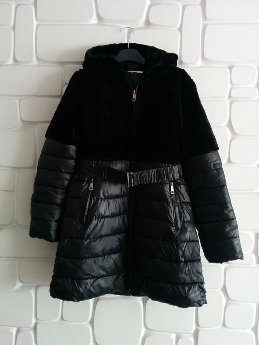 UNISONO zimowy płaszcz z futrem - damska długa kurtka z kapturem