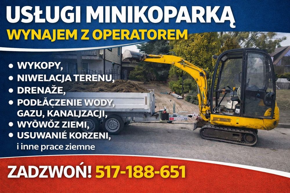 Usługi mini koparka, wykop, równanie terenu