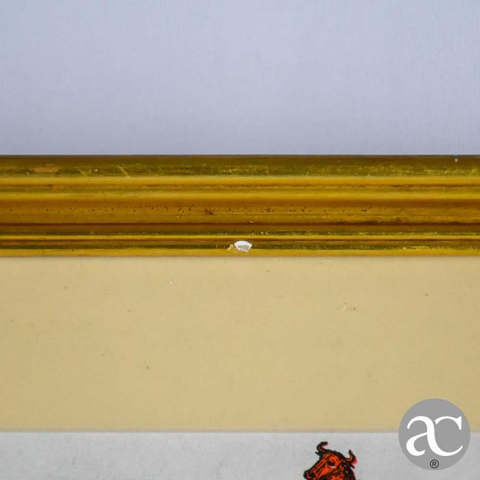 Litografia heráldica emoldurada em madeira dourada e vidro