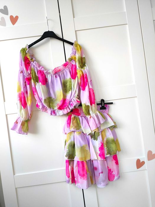 Komplet spódniczka + bluzka hiszpanka falbany boho lila S M L