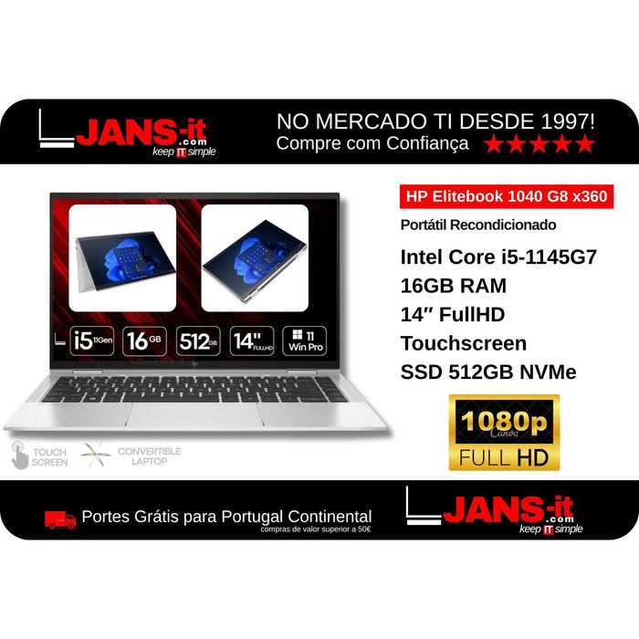 HP Elitebook 1040 G8 x360 i5-1145G7 | 16GB | SSD 512GB | 14″ FHD IPS Touch | Teclado Português