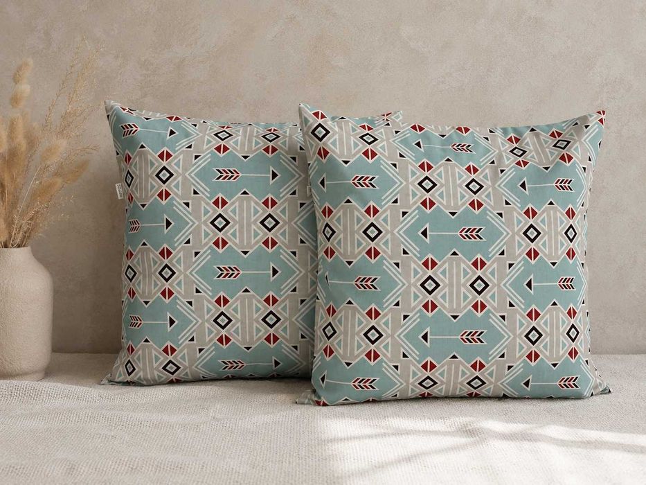 Poszewki 40x40 bawełna boho aztec geometryczne turkus czerwony | HandmadebyAmia