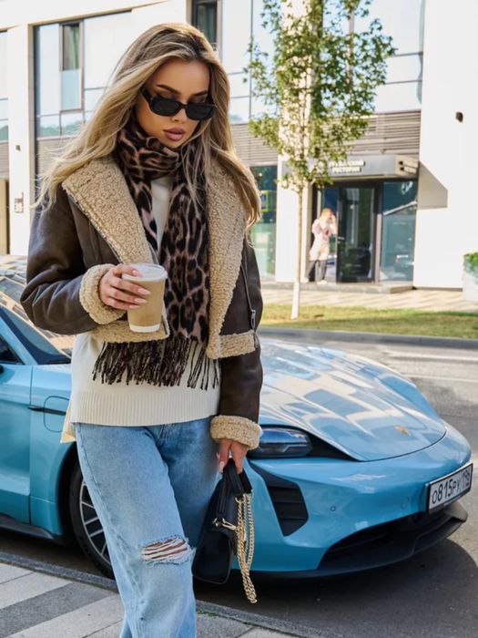 Дубленка короткая  коричнева  та рижа стильная с бежевым мехом S, M, L