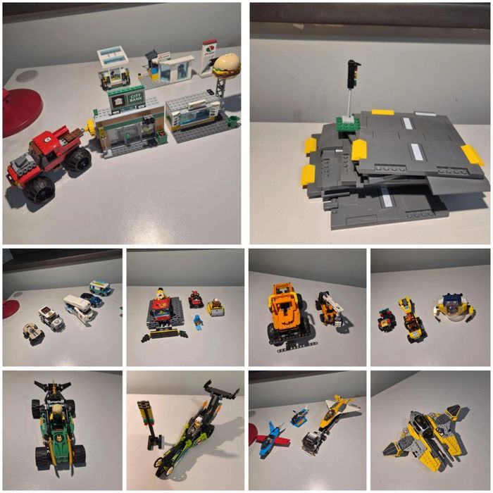 Zestawy LEGO - auta, samoloty, sklepy, bank, ulica, zima