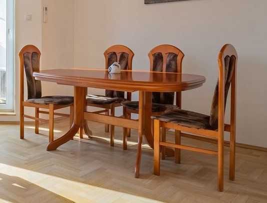 Duży stół drewniany rozkładany + 4 krzesła – kolor wiśniowy