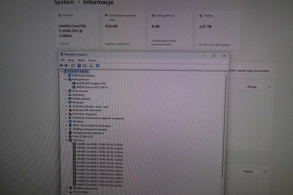 Komputer stacjonarny DELL 3630 i7 8gen 32GB 512SSD 2TB HDD RTX 3060 TI W11 GW FV